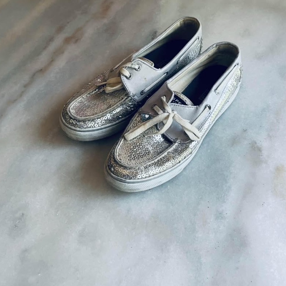 Sperry Silver Sequin Boat Shoes size 9.5